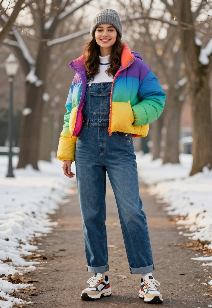 14 Cropped Puffer Jacket Outfit Ideas For Women For Cold Days - 6. Casual Cool with Overalls 1
