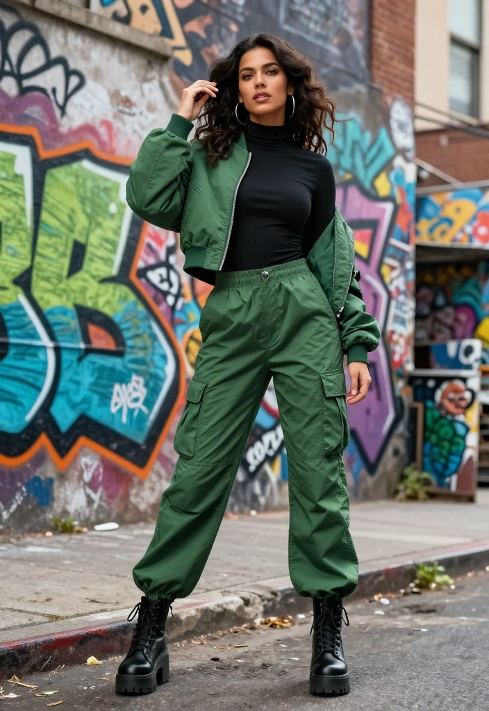 14 Green Cargo Pants Outfit Ideas For Women - 12. Edgy Streetwear Ensemble 1