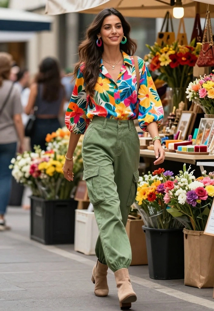 14 Green Cargo Pants Outfit Ideas For Women - 7. Funky Prints and Patterns 1