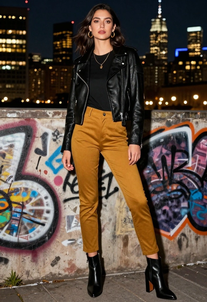 14 Mustard Pants Outfit Ideas For Women With Warm Tone - 12. Edgy Style with Leather 1