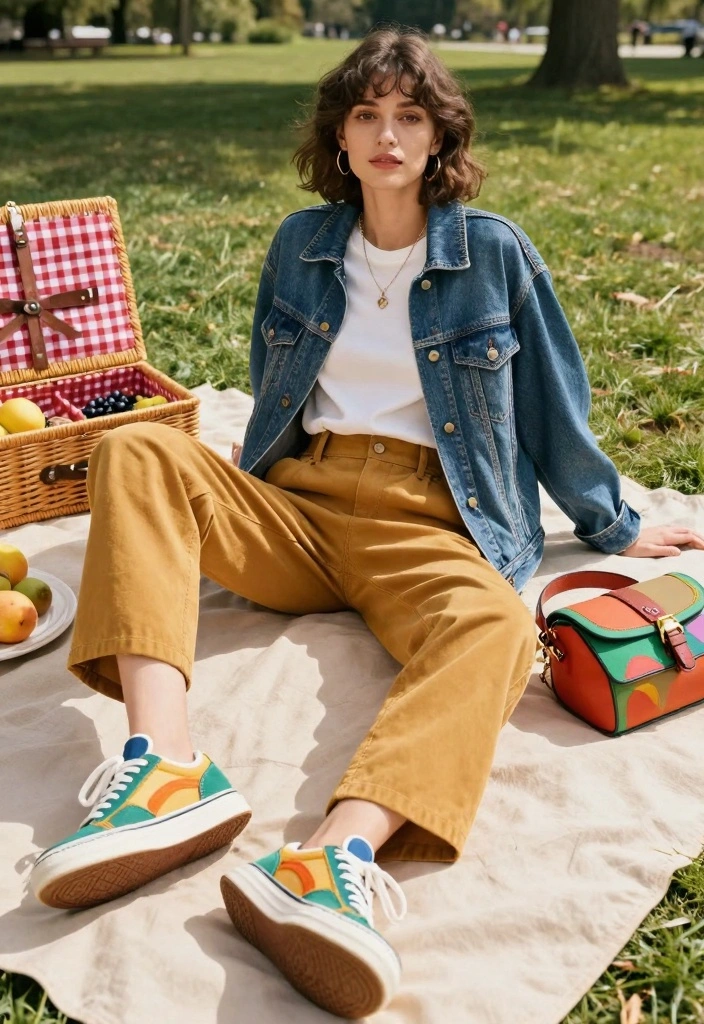 14 Mustard Pants Outfit Ideas For Women With Warm Tone - 14. Playful with a Denim Jacket 1