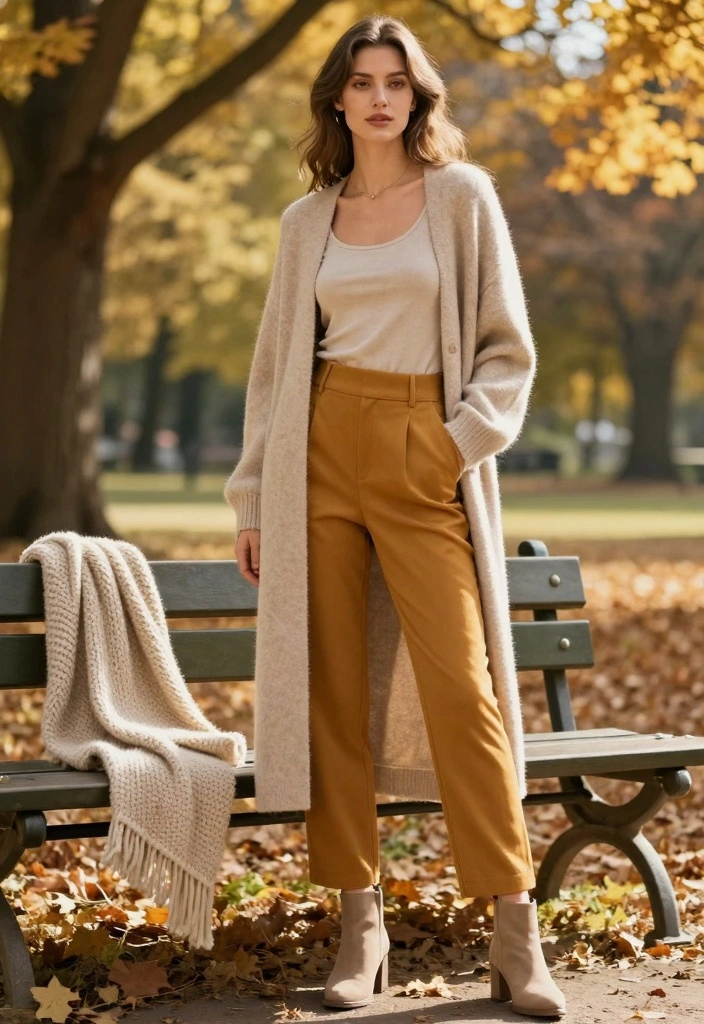 14 Mustard Pants Outfit Ideas For Women With Warm Tone - 2. Layered with a Cardigan 1