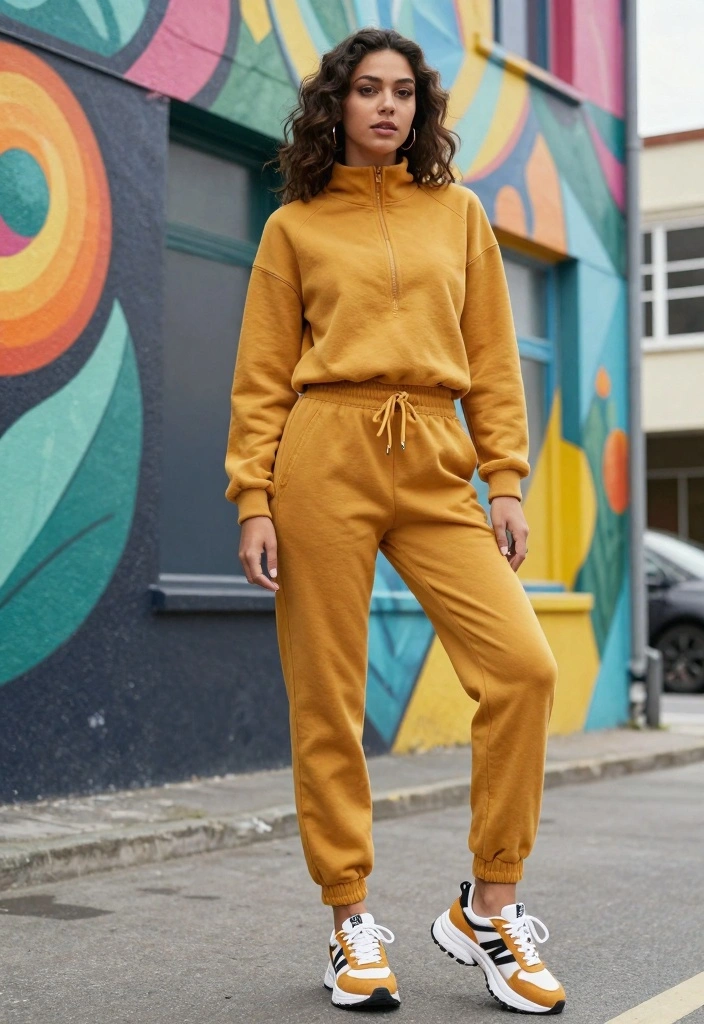 14 Mustard Pants Outfit Ideas For Women With Warm Tone - 7. Trendy Tracksuit Look 1