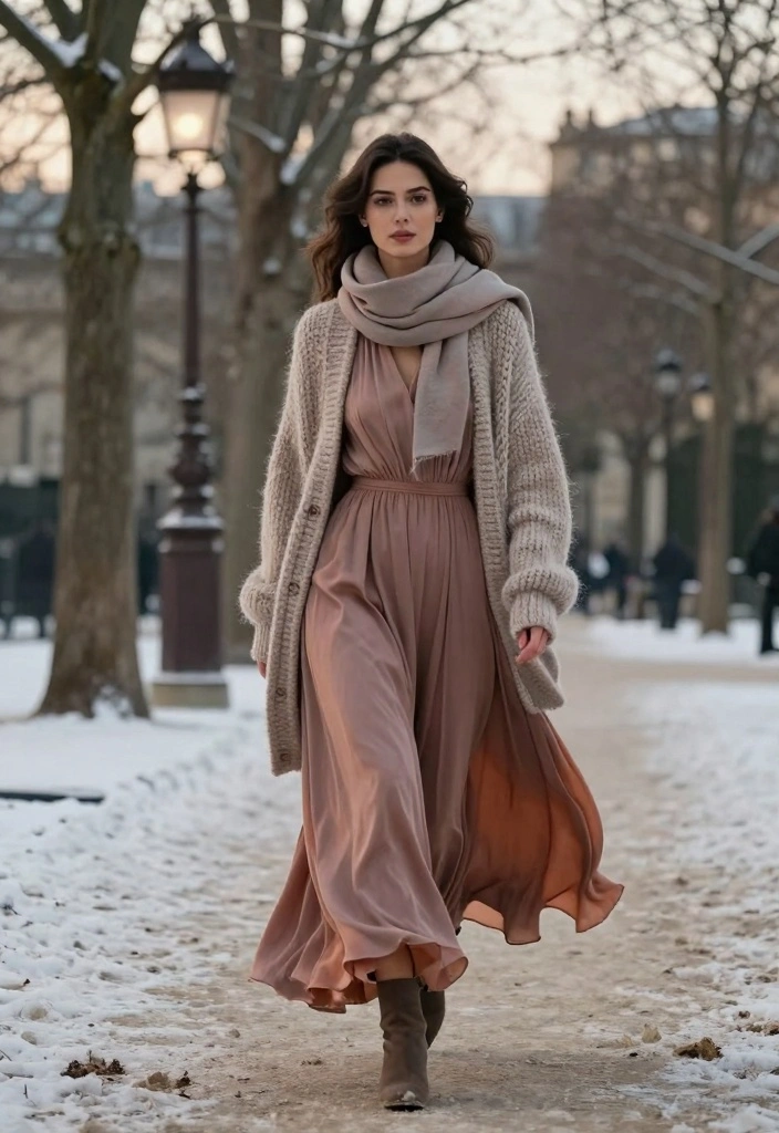 14 Paris Winter Outfit Ideas For Women With Chic Layers - 2. Maxi Dress with a Chunky Cardigan 1