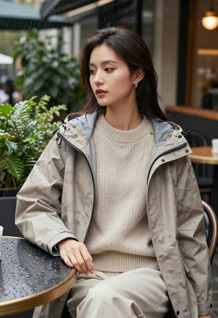 14 Rain Jacket Outfit Ideas for Women with Practical Style - 1. Layered Look with a Chunky Sweater 1