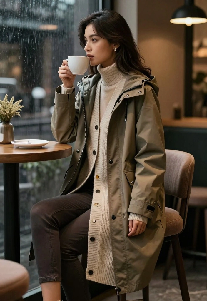 14 Rain Jacket Outfit Ideas for Women with Practical Style - 10. Cozy Cardigan Underneath 1