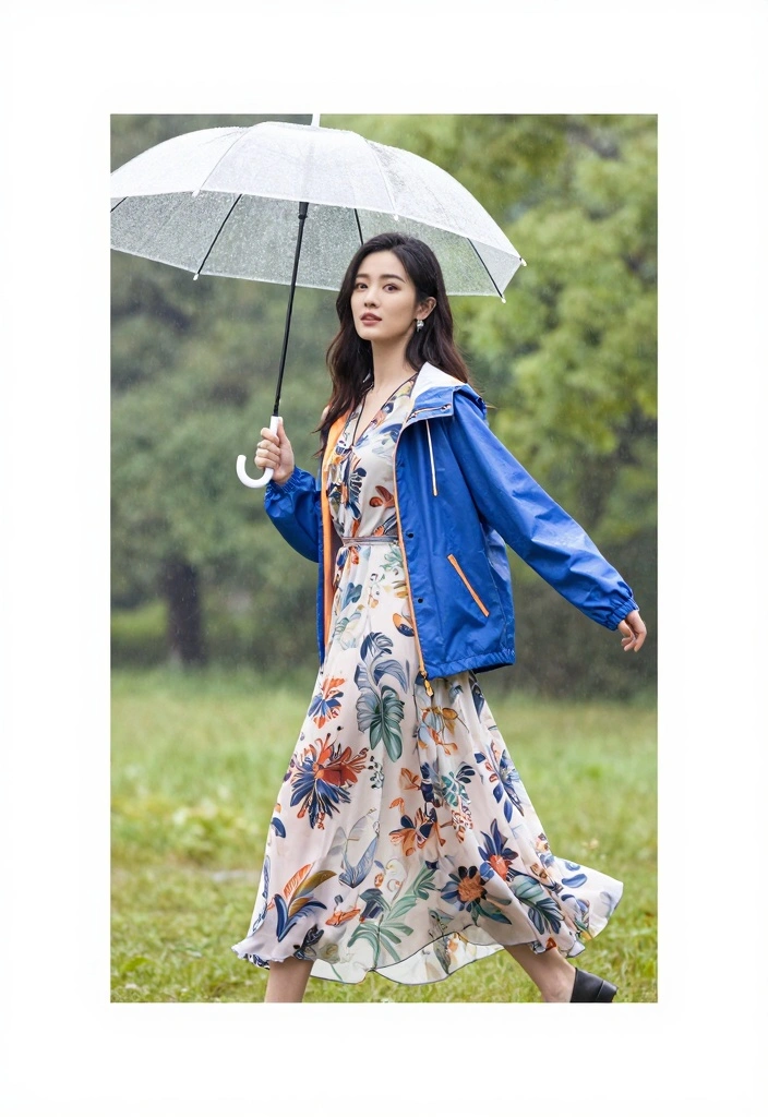 14 Rain Jacket Outfit Ideas for Women with Practical Style - 4. Rain Jacket with a Maxi Dress 1