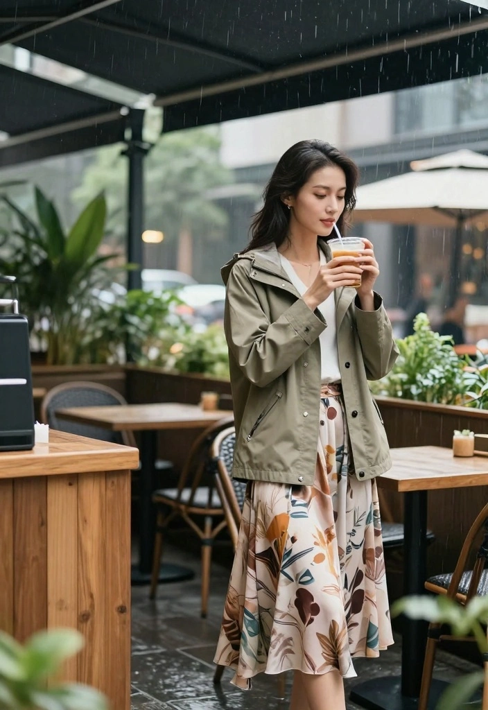 14 Rain Jacket Outfit Ideas for Women with Practical Style - 7. Pairing with a Midi Skirt 1