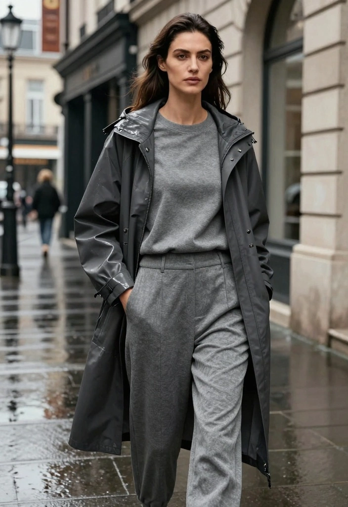 14 Rain Jacket Outfit Ideas for Women with Practical Style - 8. Monochrome Magic 1