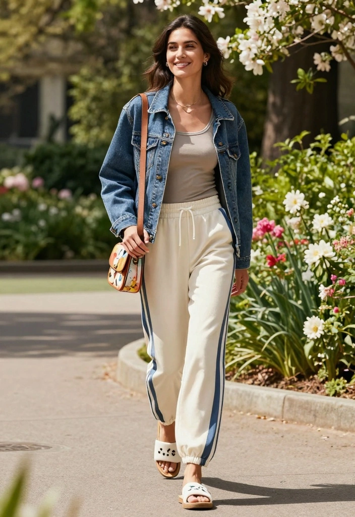 14 Track Pants Outfit Ideas For Women With Casual Cool - 4. Weekend Vibes with a Denim Jacket 1