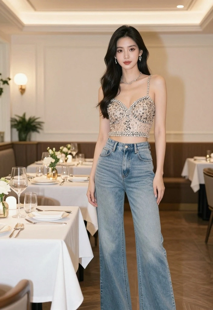 15 Birthday Outfit Ideas With Jeans And Top For Women - 11. Statement Neckline Top with Wide-Leg Jeans 1