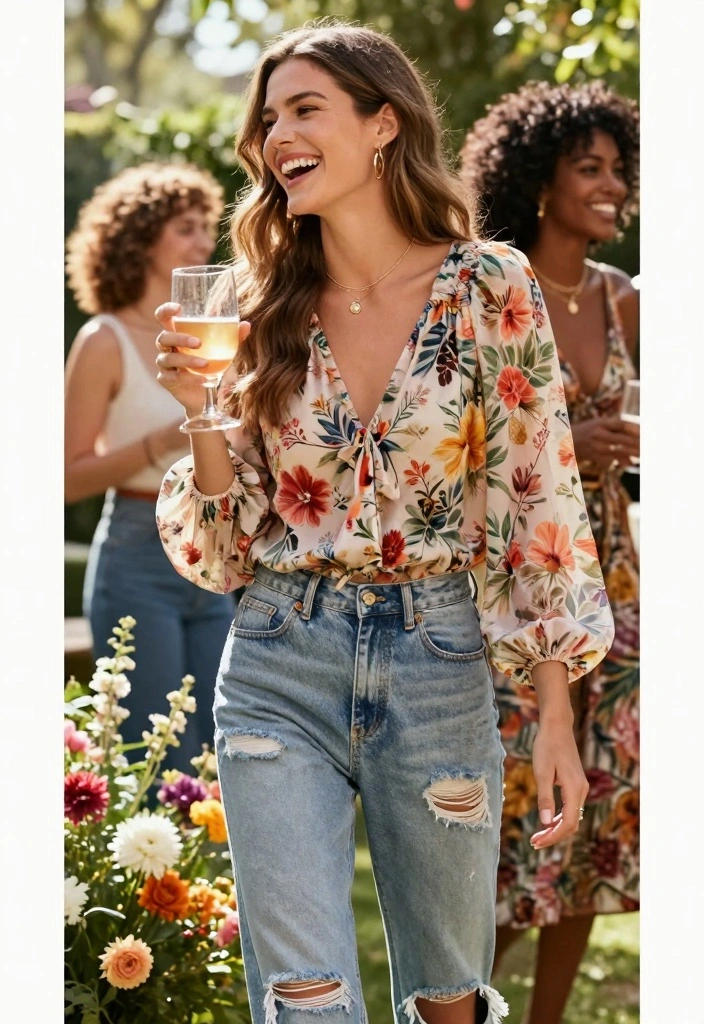 15 Birthday Outfit Ideas With Jeans And Top For Women - 2. Floral Blouse with Distressed Jeans 1
