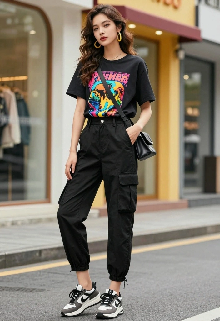 15 Black Cargo Pants Outfit Ideas For Women With Street Style - 1. Casual Chic with a Graphic Tee 1