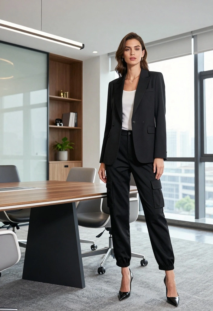15 Black Cargo Pants Outfit Ideas For Women With Street Style - 10. Smart-Casual with a Blazer 1