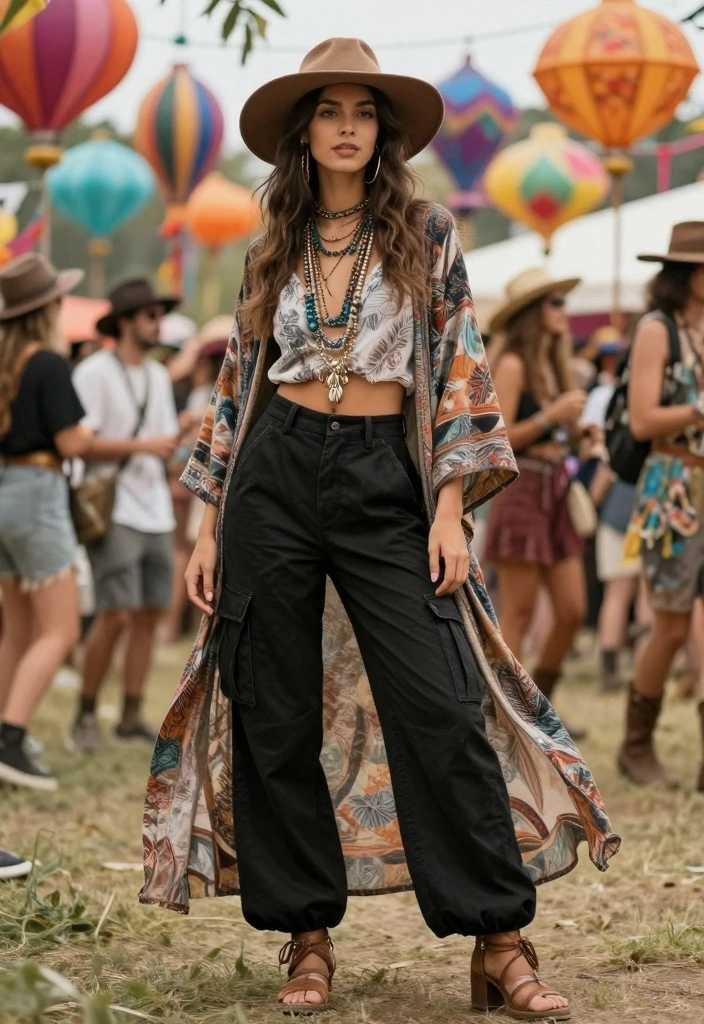 15 Black Cargo Pants Outfit Ideas For Women With Street Style - 12. Boho-Chic with a Maxi Cardigan 1