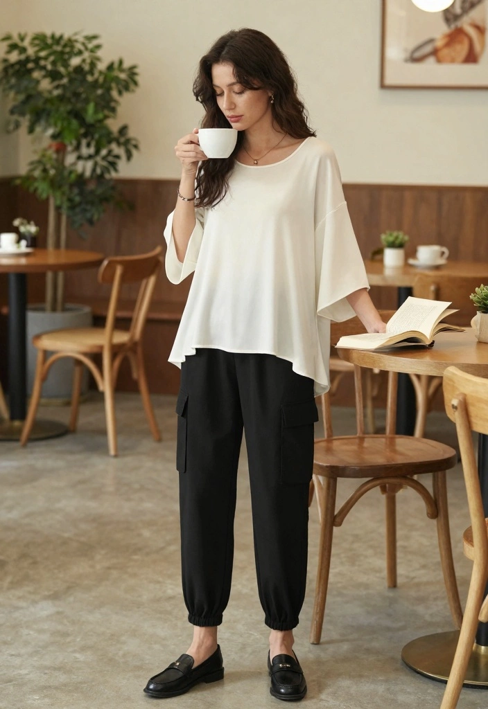 15 Black Cargo Pants Outfit Ideas For Women With Street Style - 13. Relaxed Yet Polished with a Tunic Top 1