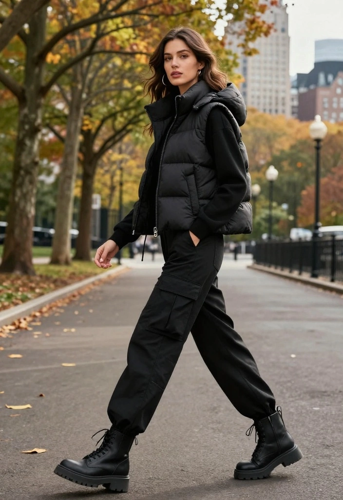 15 Black Cargo Pants Outfit Ideas For Women With Street Style - 14. Fashion-Forward with a Puffer Vest 1