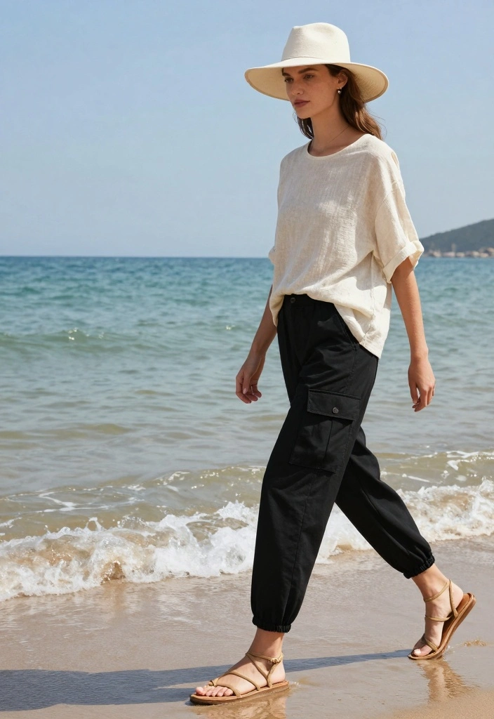 15 Black Cargo Pants Outfit Ideas For Women With Street Style - 15. Bright & Breezy with a Linen Top 1