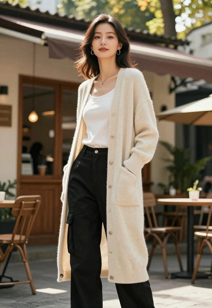 15 Black Cargo Pants Outfit Ideas For Women With Street Style - 2. Layered Look with a Long Cardigan 1