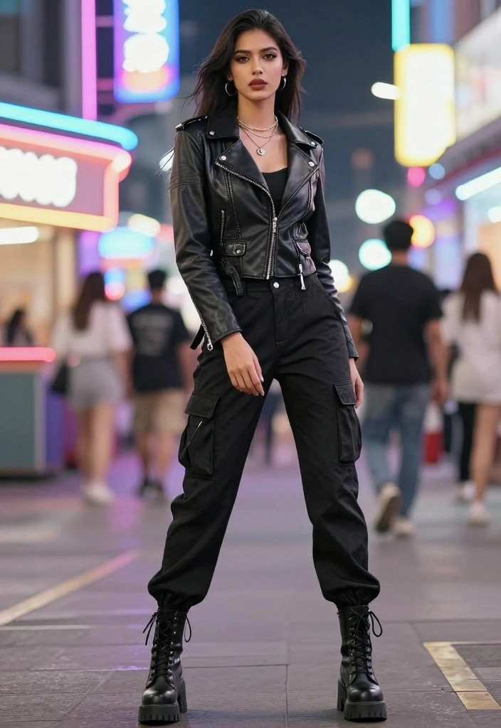 15 Black Cargo Pants Outfit Ideas For Women With Street Style - 5. Edgy Ensemble with a Leather Jacket 1