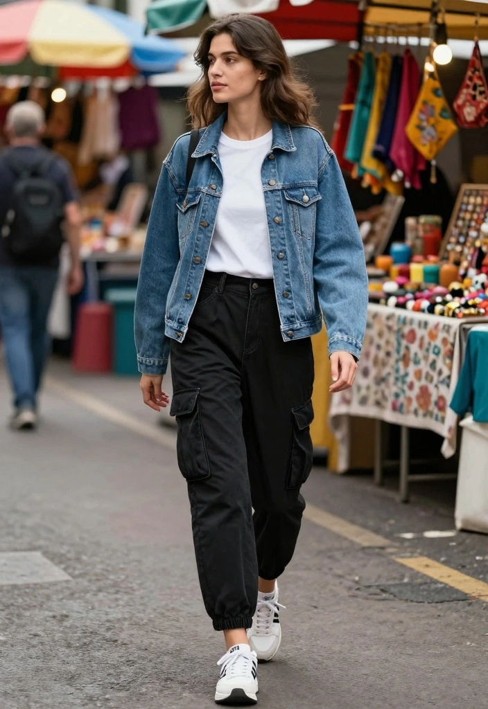 15 Black Cargo Pants Outfit Ideas For Women With Street Style - 7. Trendy Layering with a Denim Jacket 1