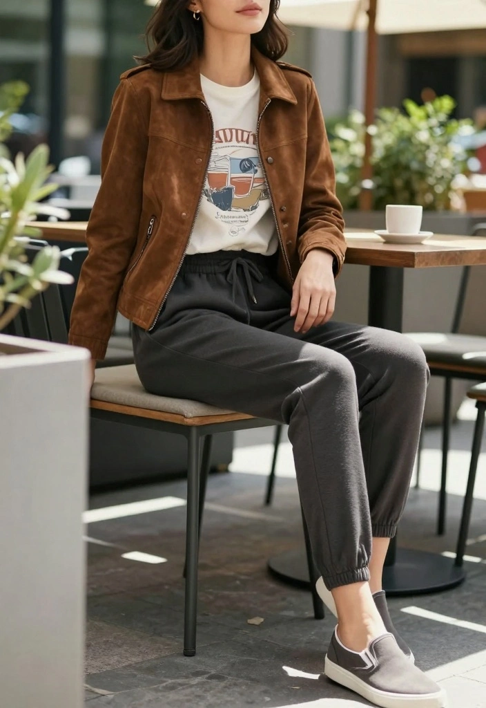 15 Brown Suede Jacket Outfit Ideas For Women With Luxe Texture - 12. Weekend Vibes with Joggers 1