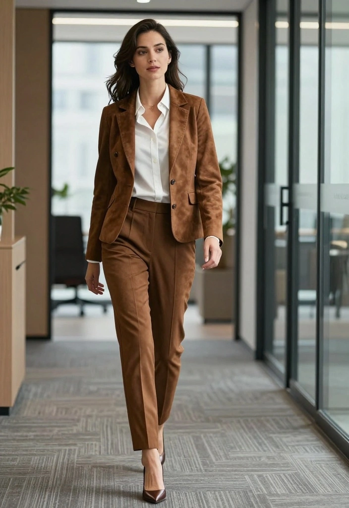 15 Brown Suede Jacket Outfit Ideas For Women With Luxe Texture - 15. Work-Ready with Tailored Trousers 1