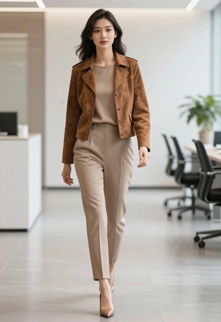 15 Brown Suede Jacket Outfit Ideas For Women With Luxe Texture - 7. Chic and Simple with Monochrome 1