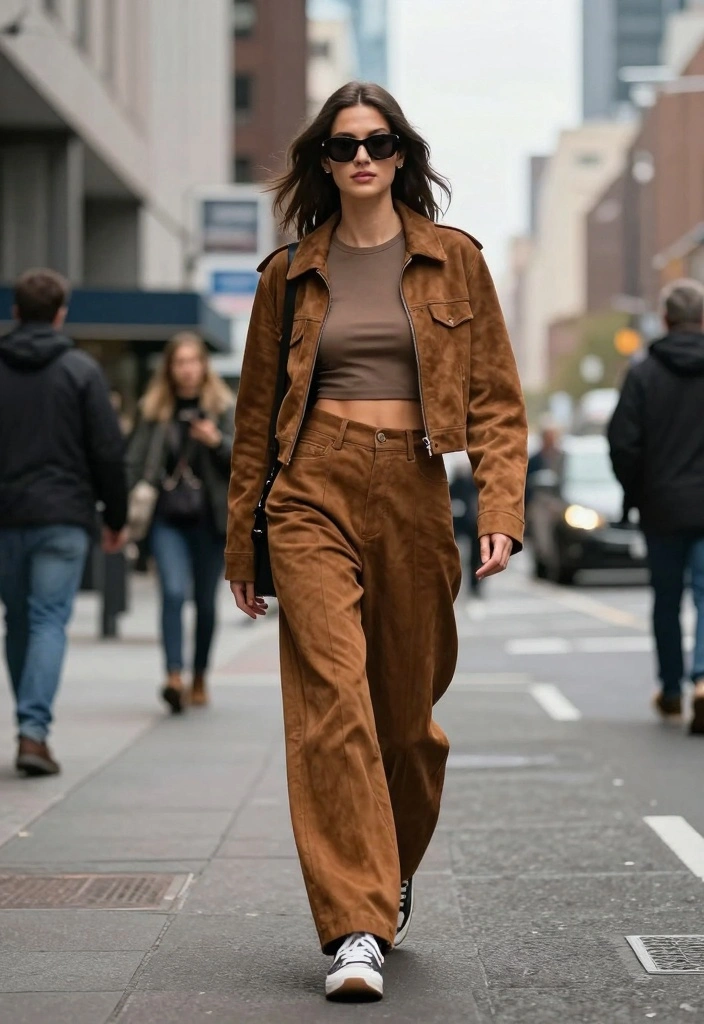 15 Brown Suede Jacket Outfit Ideas For Women With Luxe Texture - 8. Street Style with Wide-Leg Pants 1
