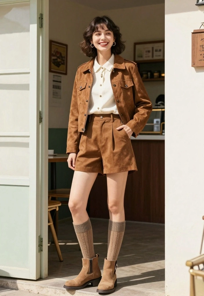 15 Brown Suede Jacket Outfit Ideas For Women With Luxe Texture - 9. Vintage Vibes with High-Waisted Shorts 1