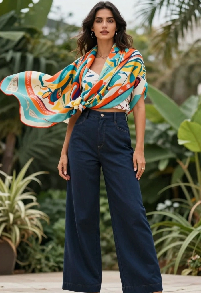 15 Chino Pants Outfit Ideas For Women With Clean Look - 12. Printed Scarf & Wide-Leg Chinos 1