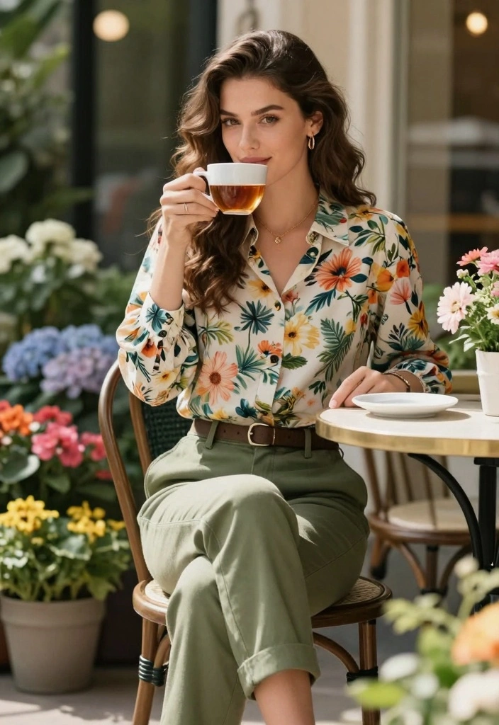 15 Chino Pants Outfit Ideas For Women With Clean Look - 5. Floral Blouse & Olive Green Chinos 1
