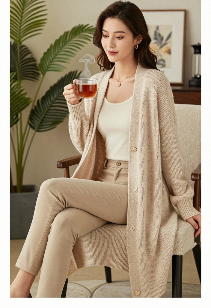 15 Chino Pants Outfit Ideas For Women With Clean Look - 9. Layered Look with a Long Cardigan 1