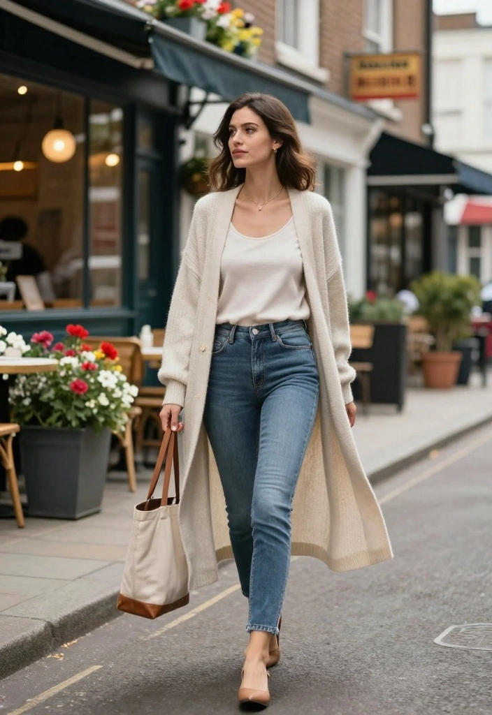 15 Fitted Jeans Outfit Ideas For Women That Flatter - 5. Trendy Layering with a Long Cardigan 1
