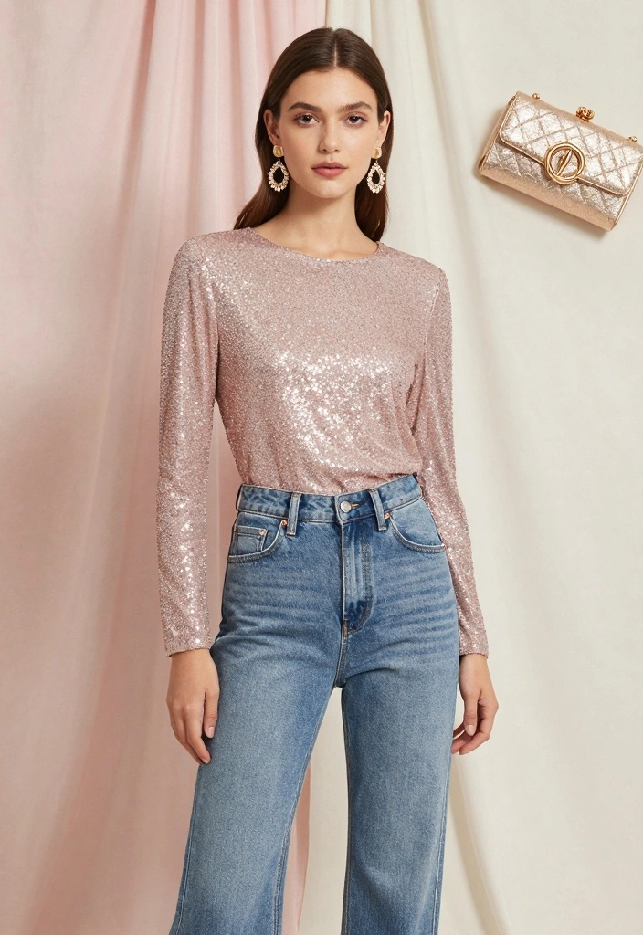 15 Jeans Party Outfit Ideas For Women With Chic Energy - 1. High-Waisted Jeans with a Sparkly Top 1
