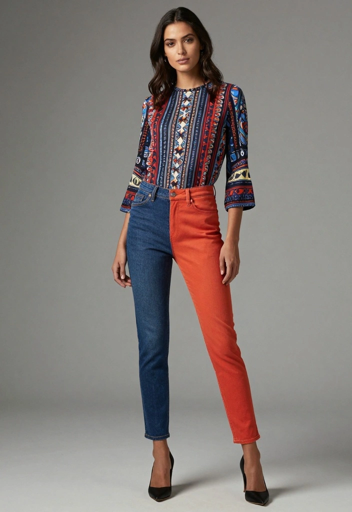15 Jeans Party Outfit Ideas For Women With Chic Energy - 13. Colored Jeans with a Patterned Top 1