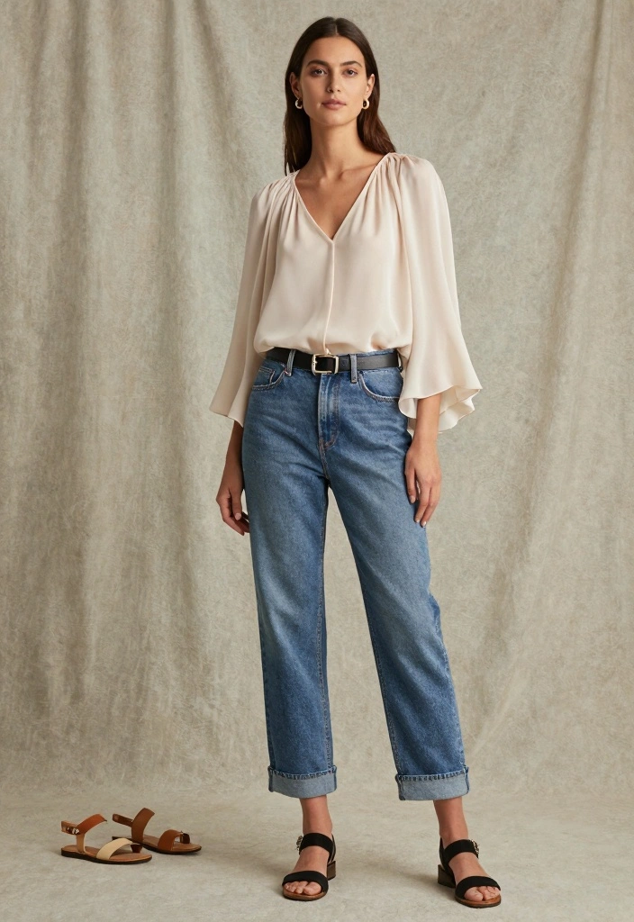 15 Jeans Party Outfit Ideas For Women With Chic Energy - 2. Mom Jeans with a Chiffon Blouse 1