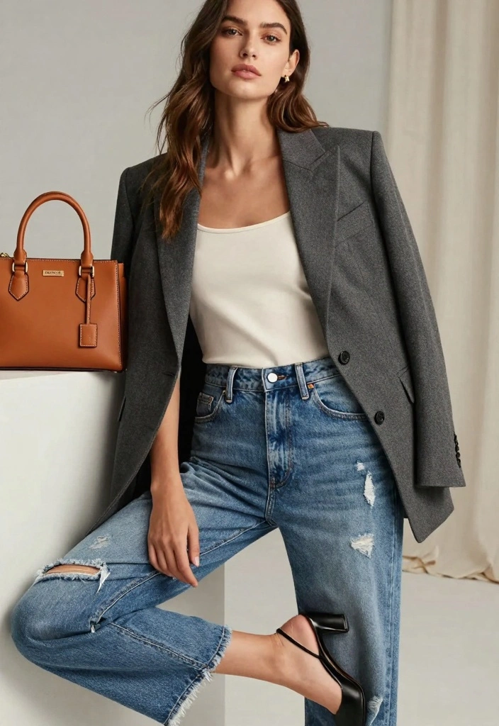 15 Jeans Party Outfit Ideas For Women With Chic Energy - 3. Distressed Denim with a Tailored Blazer 1