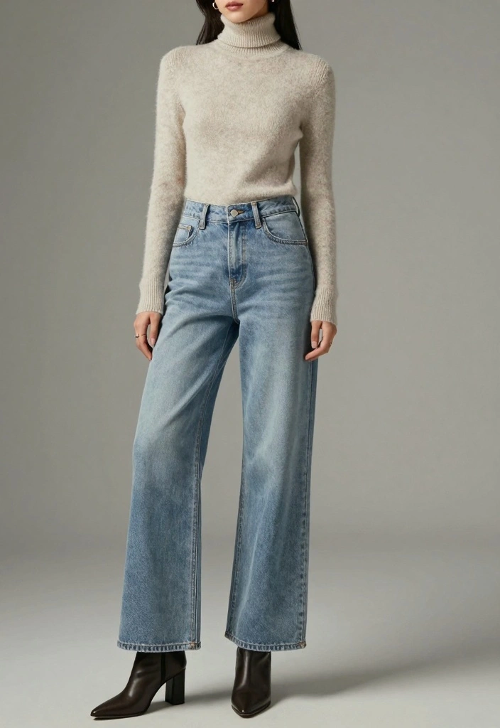 15 Jeans Party Outfit Ideas For Women With Chic Energy - 6. Wide-Leg Jeans with a Fitted Turtleneck 1