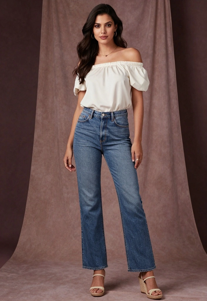 15 Jeans Party Outfit Ideas For Women With Chic Energy - 8. Straight-Leg Jeans with an Off-Shoulder Top 1