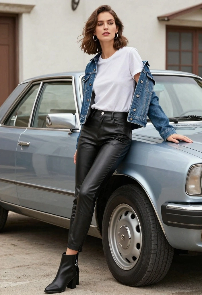 15 Leather Pants Outfit Ideas For Women With Bold Edge - 14. Mixed Media Look with Leather and Denim 1