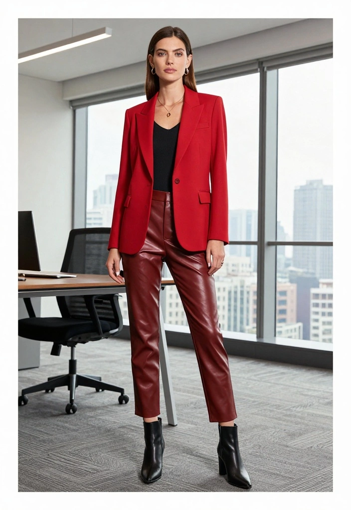 15 Leather Pants Outfit Ideas For Women With Bold Edge - 2. Printed Leather Pants with a Bold Blazer 1