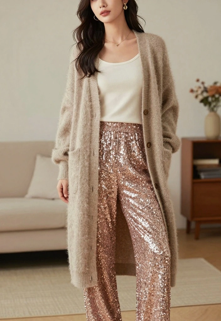 15 Sequin Pants Outfit Ideas For Women For Party Nights - 12. Layered Sequin Pants with a Long Cardigan 1