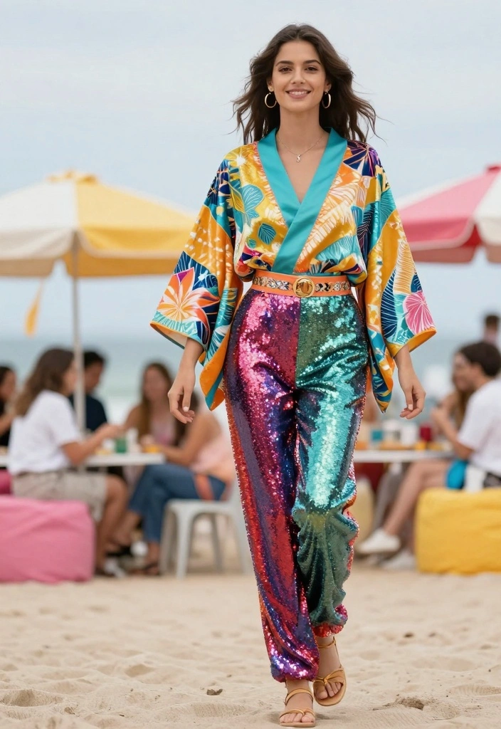 15 Sequin Pants Outfit Ideas For Women For Party Nights - 15. Sequin Trousers with a Bright Kimono 1