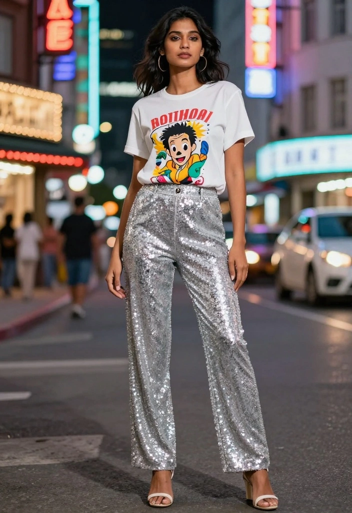 15 Sequin Pants Outfit Ideas For Women For Party Nights - 4. Silver Sequin Pants with a Graphic Tee 1