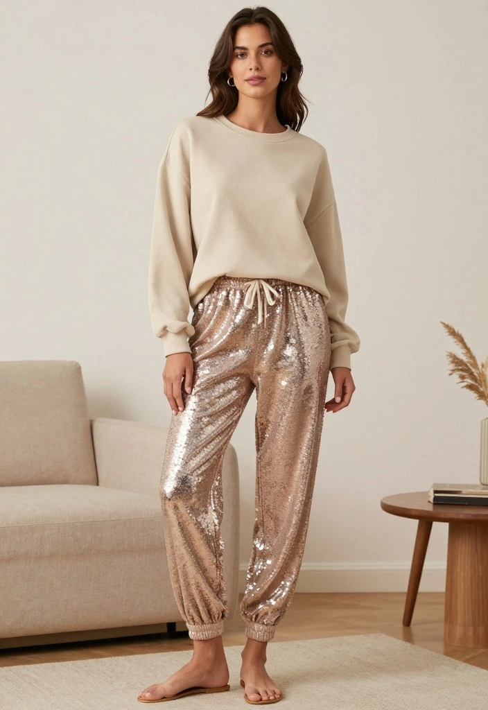 15 Sequin Pants Outfit Ideas For Women For Party Nights - 7. Sequin Joggers with a Casual Sweatshirt 1