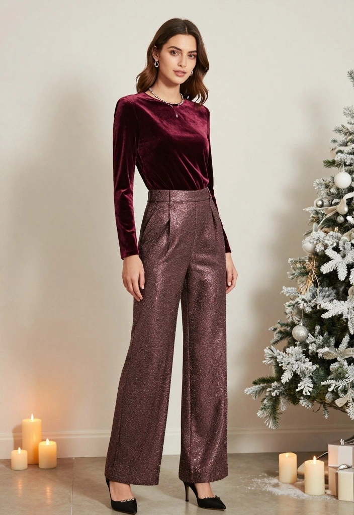 15 Winter Birthday Outfit Ideas For Women With Cozy Glam - 10. Velvet Top + Wide-Leg Trousers 1