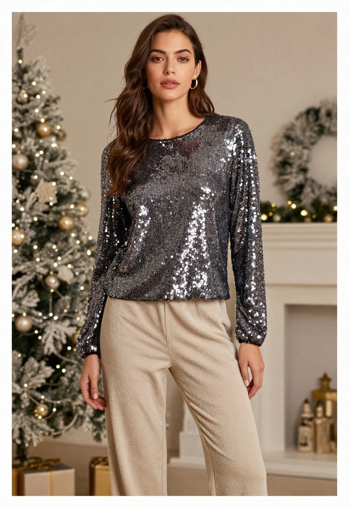 15 Winter Birthday Outfit Ideas For Women With Cozy Glam - 12. Sequin Top + Casual Pants 1