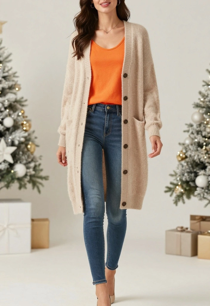 15 Winter Birthday Outfit Ideas For Women With Cozy Glam - 13. Cardigan + Tunic + Skinny Jeans 1