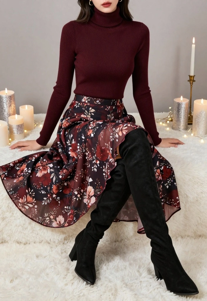 15 Winter Birthday Outfit Ideas For Women With Cozy Glam - 3. Turtleneck + Midi Skirt + Thigh-High Boots 1